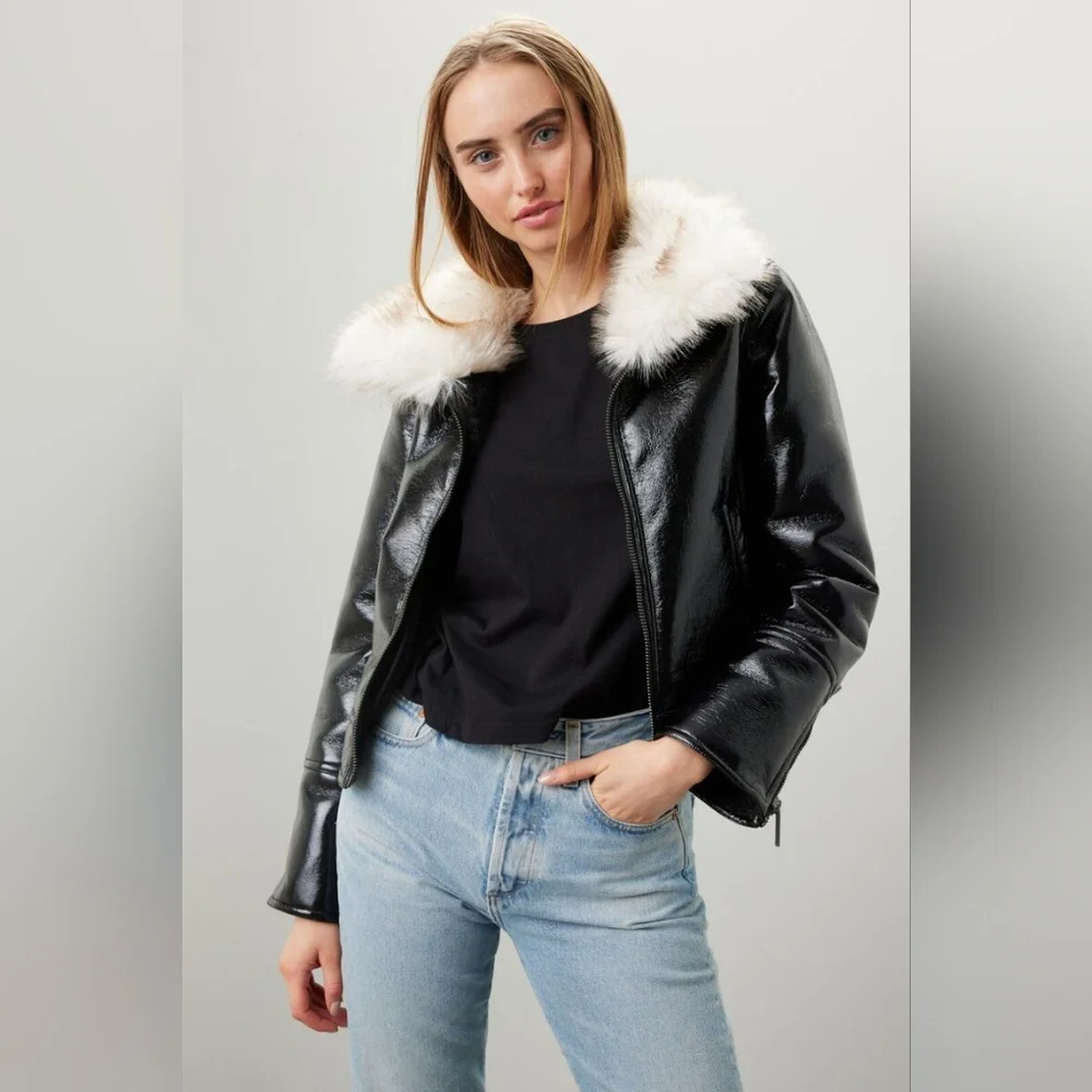 UNREAL FUR Wet Look Black Moto Jacket-NWT-SzM. NWOT- high end boutique/ PATENT - Picture 9 of 10